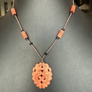 Carved Double Dragon Pendant Necklace Feng Shui Handcrafted Artisan Jewelry